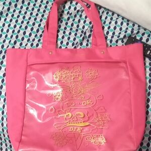 Ed Hardy Pink Tote Bag with Gold Design